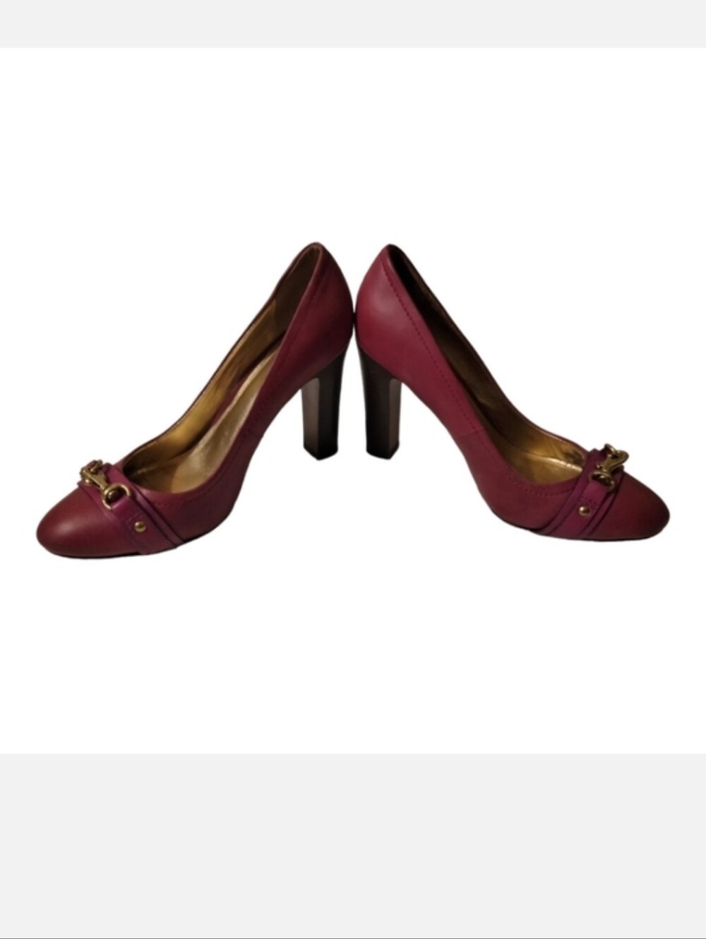 Coach Burgundy Leather Block Heel Pumps with Gold Accent